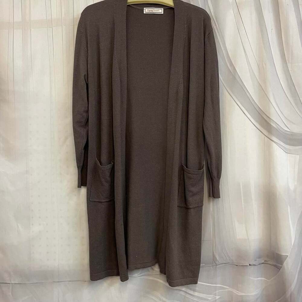 Flying Tomato Size L Large 12-14 Long Cardigan Brown Knit Pockets Open Front